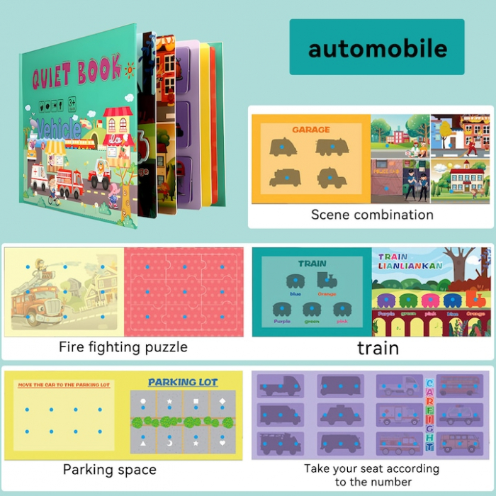 Carte de activitati Montessori cu carduri reutilizabile cu arici Quiet book VEHICULE [2]