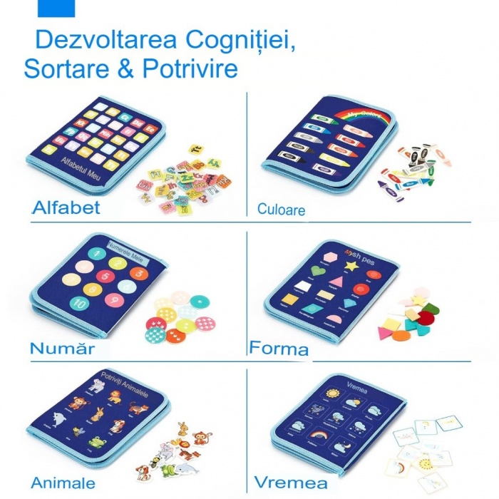Carte senzoriala educativa Montessori pentru dezvoltarea abilitatilor motorii model dinozauri albastru 8 pagini [5]