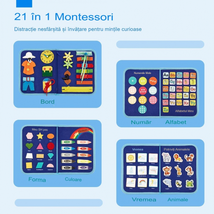 Carte senzoriala educativa Montessori pentru dezvoltarea abilitatilor motorii model dinozauri albastru 8 pagini [3]