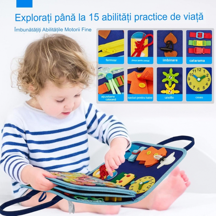 Carte senzoriala educativa Montessori pentru dezvoltarea abilitatilor motorii model dinozauri albastru 8 pagini [4]