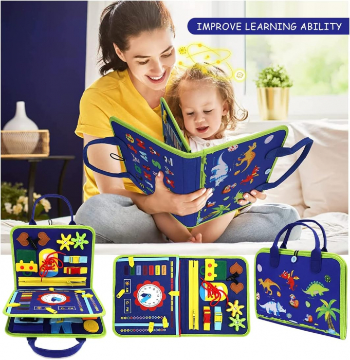 Carte senzoriala educativa Montessori pentru dezvoltarea abilitatilor motorii model dinozauri/litere albastru [4]