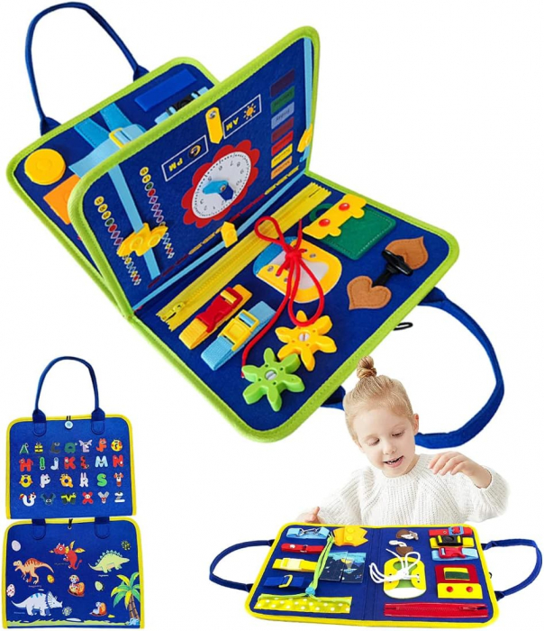 Carte senzoriala educativa Montessori pentru dezvoltarea abilitatilor motorii model dinozauri/litere albastru [2]