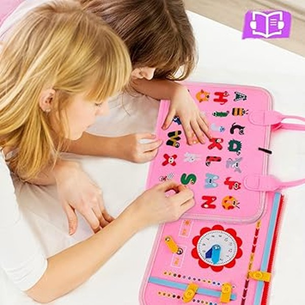 Carte senzoriala educativa Montessori pentru dezvoltarea abilitatilor motorii model sirene/litere roz [3]