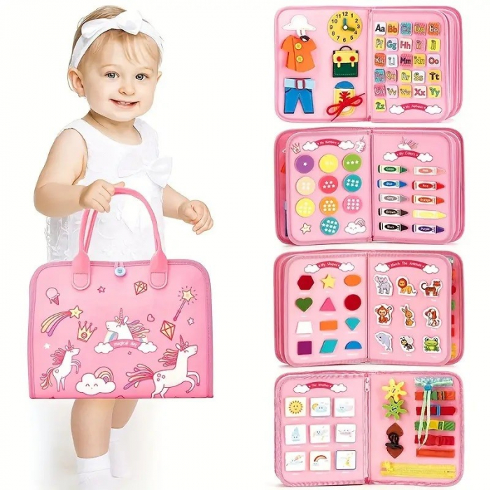 Carte senzoriala educativa Montessori pentru dezvoltarea abilitatilor motorii model unicorni roz 8 pagini [2]