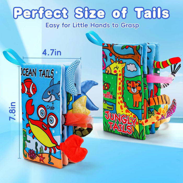 Carte textila senzoriala pentru bebelusi cu pagini fosnaitoare si zornaitoare model animale din jungla [7]