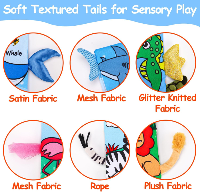 Carte textila senzoriala pentru bebelusi cu pagini fosnaitoare si zornaitoare model animale marine [4]