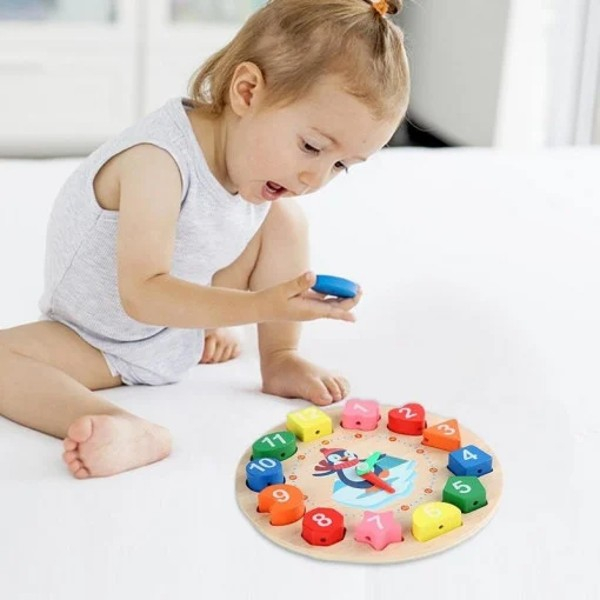 Ceas puzzle din lemn Montessori și jucărie de înșiruit pinguin Digital Geometry clock [2]