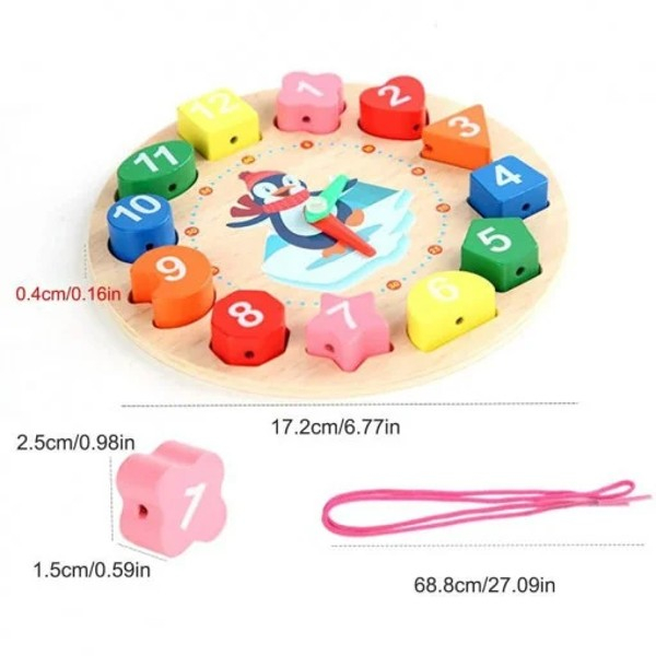 Ceas puzzle din lemn Montessori și jucărie de înșiruit pinguin Digital Geometry clock [3]