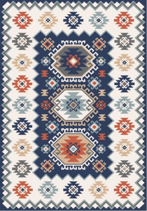 Covor moale antiderapant model traditional bej si albastru cu motive colorate 120 x 180 cm [2]
