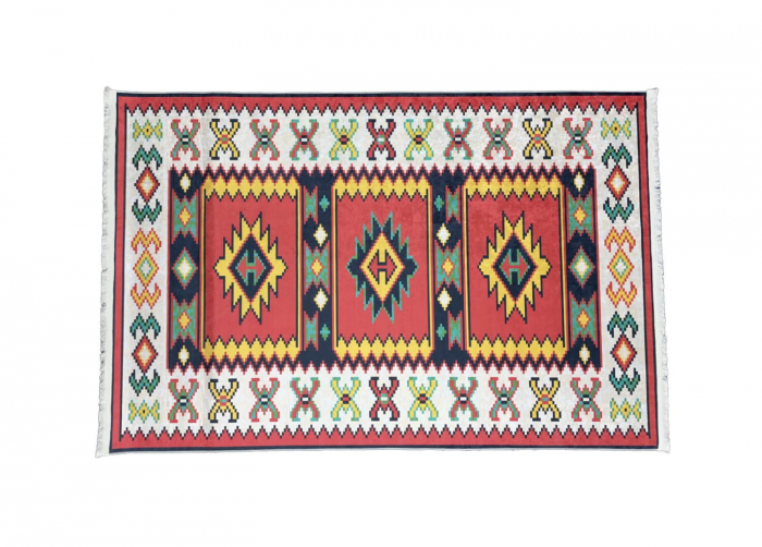 Covor moale antiderapant model traditional bej si rosu caramiziu cu motive colorate 120 x 180 cm [2]