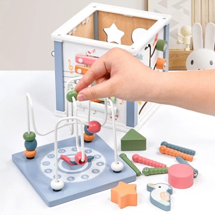 Cub multifunctional din lemn cu activitati motrice si senzoriale labirint cu margele, xilofon, joc de pescuit magnetic [2]