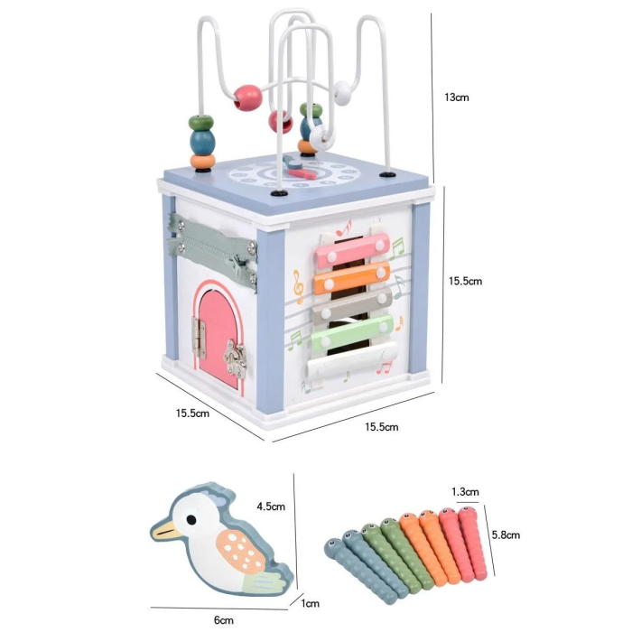 Cub multifunctional din lemn cu activitati motrice si senzoriale labirint cu margele, xilofon, joc de pescuit magnetic [8]