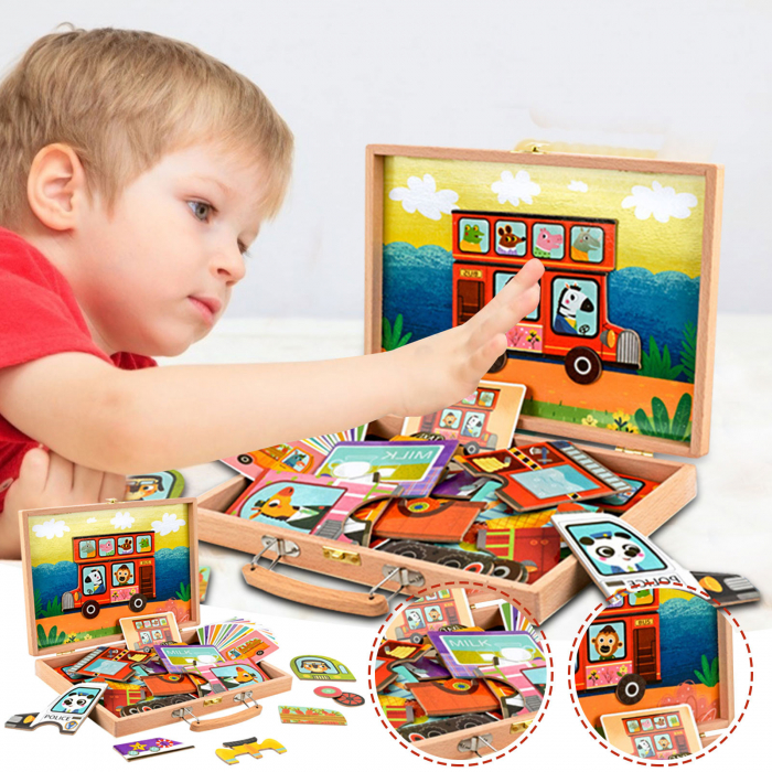 Gentuţă din lemn cu puzzle magnetic CONSTRUIESTE VEHICULE CU ANIMALUTE VESELE [2]