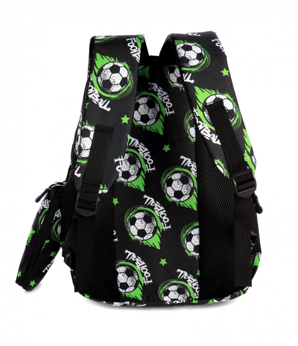 Ghiozdan scoala Mesco Mingi de fotbal, 4 compartimente si penar, Negru-Verde, 44 x 32 x 16 cm [2]