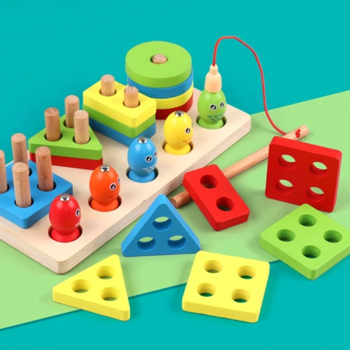 Joc 2 în 1 de tip Montessori - Sortator cu 4 forme geometrice şi pescuit magnetic - Fishing Four Post [1]