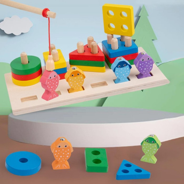Joc 2 în 1 de tip Montessori - Sortator cu 4 forme geometrice şi pescuit magnetic - Geometric column fishing two in one [5]