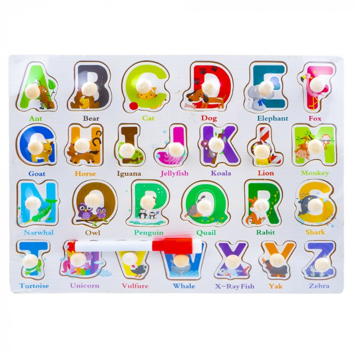 Joc 2 in 1 din lemn puzzle incastru cu butoni si tabla de scris cu carioca lavabila ALFABETUL IN ENGLEZA [2]