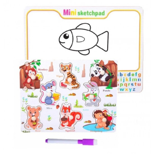 Joc 2 in 1 din lemn puzzle incastru cu butoni si tabla de scris cu carioca lavabila Animale in padure [1]