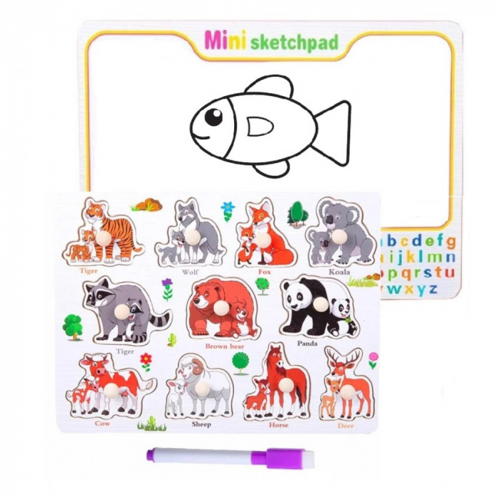 Joc 2 in 1 din lemn puzzle incastru cu butoni si tabla de scris cu carioca lavabila Animale si puii lor [1]