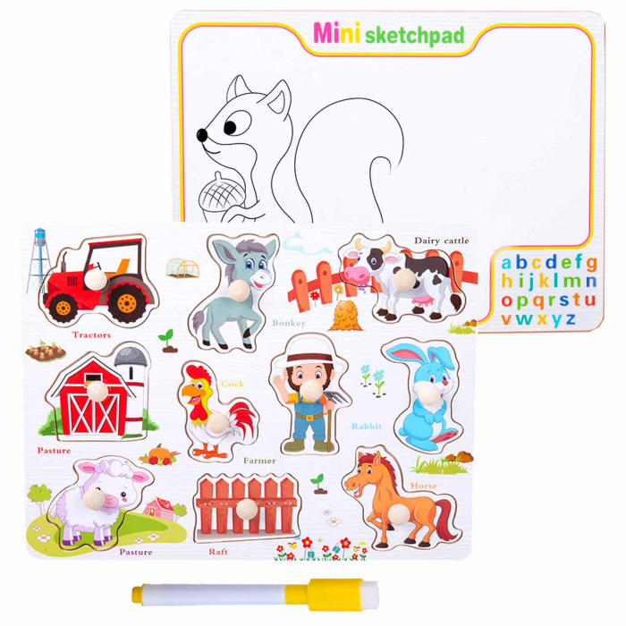 Joc 2 in 1 din lemn puzzle incastru cu butoni si tabla de scris cu carioca lavabila Ferma [1]