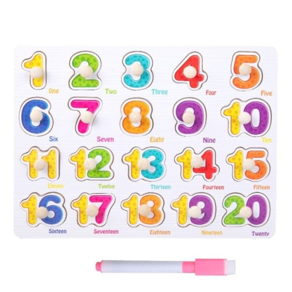 Joc 2 in 1 din lemn puzzle incastru cu butoni si tabla de scris cu carioca lavabila Numere [1]