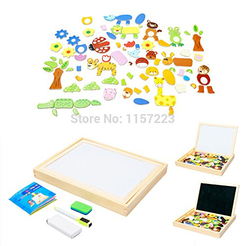 Joc 2 in 1 din lemn puzzle magnetic si tablita de scris si colorat model animale [3]