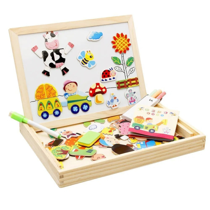 Joc 2 in 1 din lemn puzzle magnetic si tablita de scris si colorat model ferma [2]
