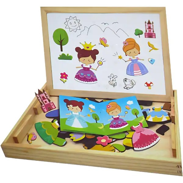 Joc 2 in 1 din lemn puzzle magnetic si tablita de scris si colorat model imbraca printesa [2]
