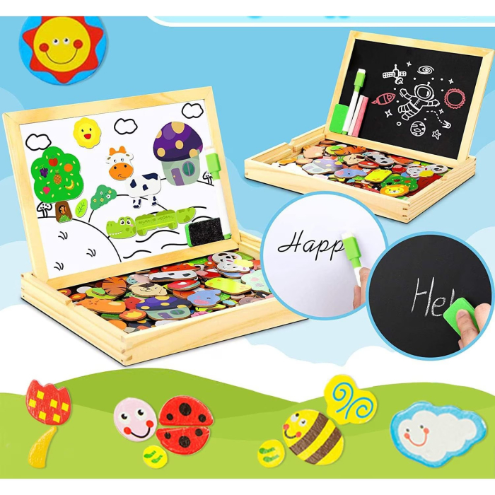 Joc 2 in 1 din lemn puzzle magnetic si tablita de scris si colorat model oras [2]