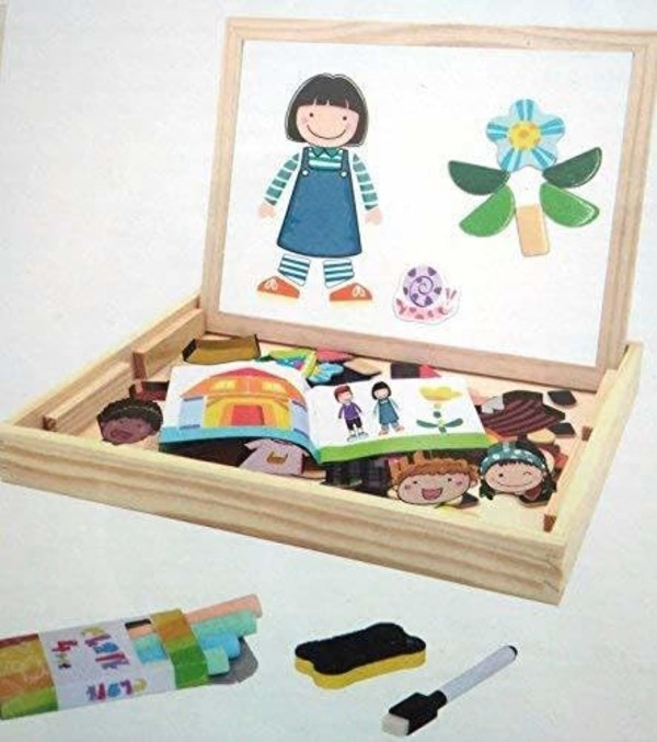 Joc 2 in 1 din lemn puzzle magnetic si tablita de scris si colorat model persoane si obiecte din natura [4]