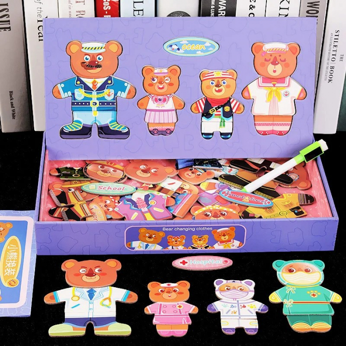 Joc 2 in 1 Puzzle Magnetic Imbraca Ursuletii si tabla de scris cu carioca lavabila [4]