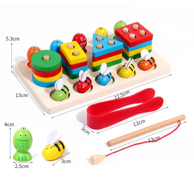 Joc 3 în 1 de tip Montessori - Sortator cu 4 forme geometrice, pescuit magnetic, prinde albinuta - Bee Cliping Game [5]