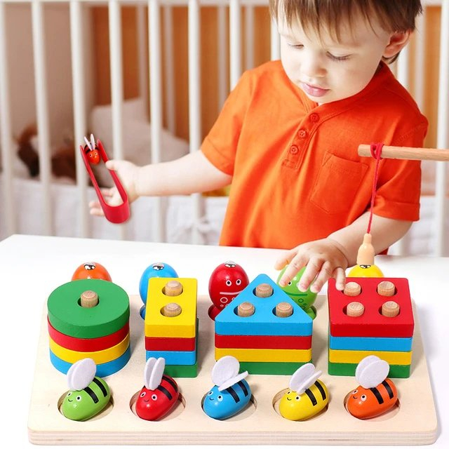 Joc 3 în 1 de tip Montessori - Sortator cu 4 forme geometrice, pescuit magnetic, prinde albinuta - Bee Cliping Game [4]