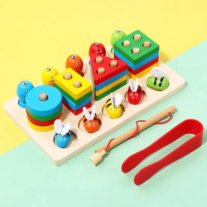 Joc 3 în 1 de tip Montessori - Sortator cu 4 forme geometrice, pescuit magnetic, prinde albinuta - Bee Cliping Game [2]