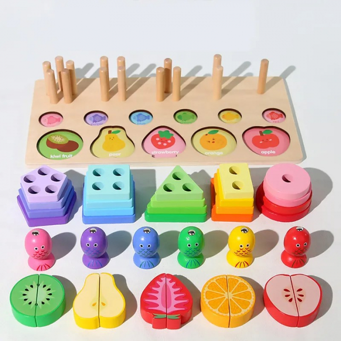 Joc 3 in 1 de tip Montessori - Sortator cu 5 forme geometrice, pescuit magnetic, feliaza fructele [3]