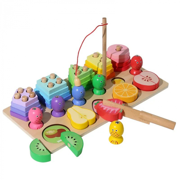 Joc 3 in 1 de tip Montessori - Sortator cu 5 forme geometrice, pescuit magnetic, feliaza fructele [2]