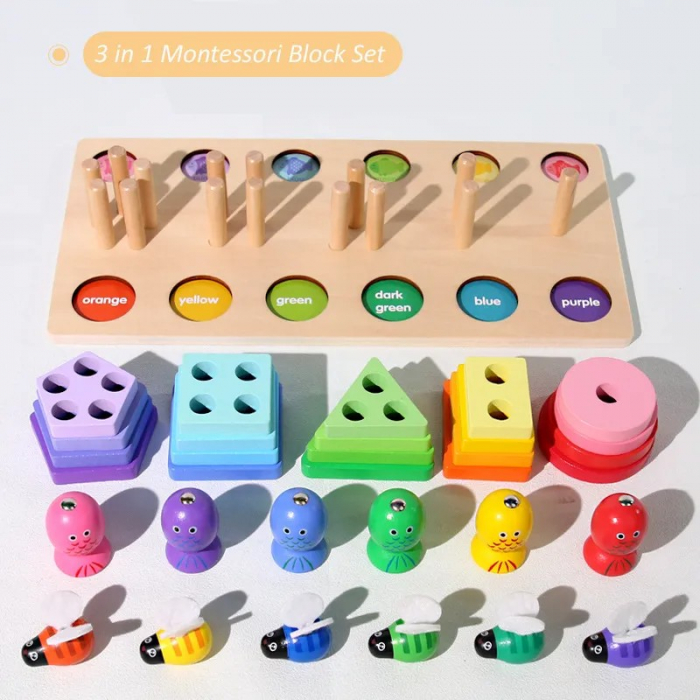 Joc 3 in 1 de tip Montessori - Sortator cu 5 forme geometrice, pescuit magnetic, prinde albinuta [4]
