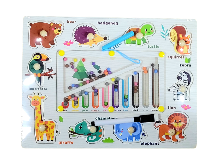 Joc 3 in 1 Puzzle incastru din lemn cu butoni, labirint magnetic sortare culori si tablita de scris lavabila diferite modele [1]