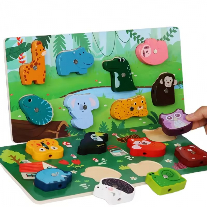 Joc 3 in 1 puzzle, pescuit magnetic si joc de insiruit din lemn [2]