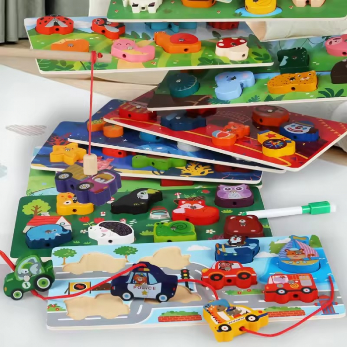 Joc 3 in 1 puzzle, pescuit magnetic si joc de insiruit din lemn [5]