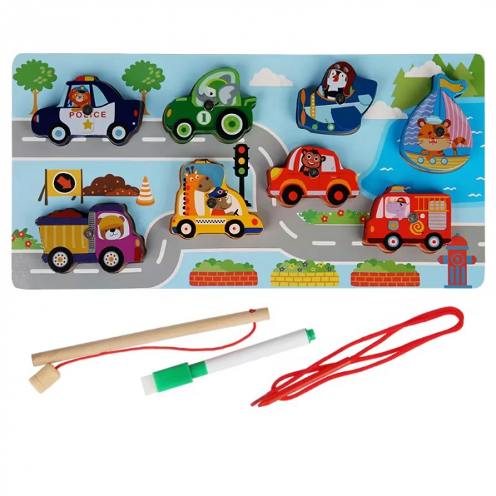 Joc 3 in 1 puzzle, pescuit magnetic si joc de insiruit din lemn [1]