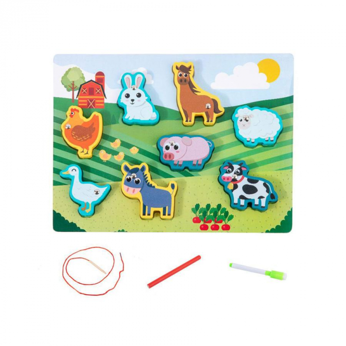 Joc 4 în 1 din lemn ANIMALE DE LA FERMA - puzzle 3D, joc de pescuit, jucărie de înșiruit si tabla de scris [3]