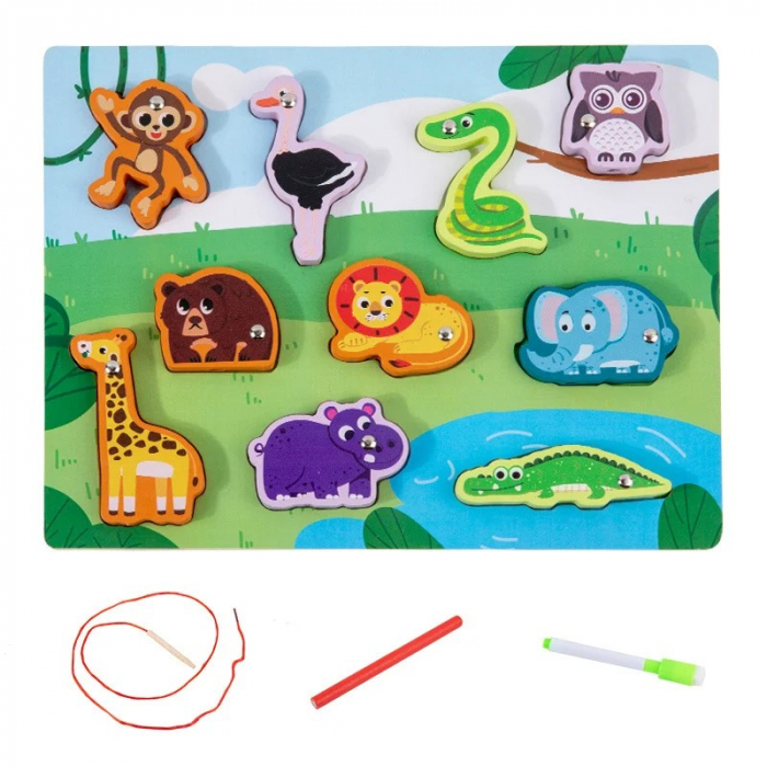 Joc 4 în 1 din lemn ANIMALE DIN JUNGLA - puzzle 3D, joc de pescuit, jucărie de înșiruit si tabla de scris [2]
