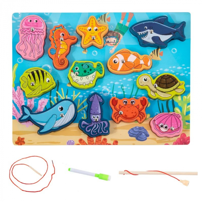 Joc 4 în 1 din lemn ANIMALE MARINE - puzzle 3D, joc de pescuit, jucărie de înșiruit si tabla de scris [3]