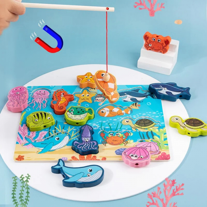 Joc 4 în 1 din lemn ANIMALE MARINE - puzzle 3D, joc de pescuit, jucărie de înșiruit si tabla de scris [2]