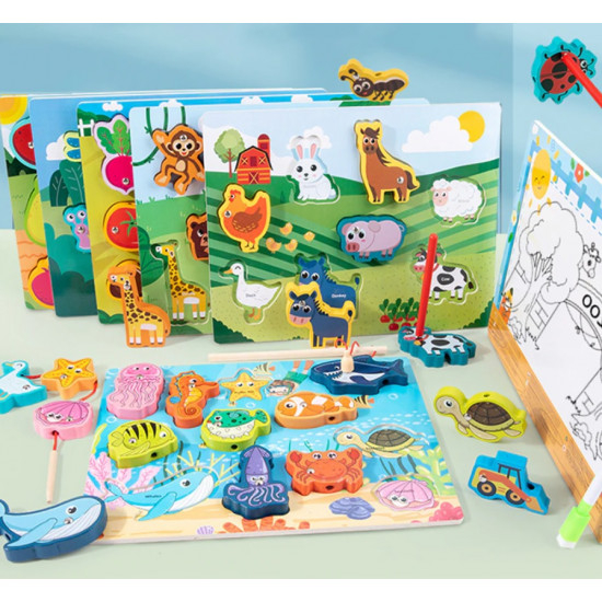 Joc 4 în 1 din lemn DINOZAURI - puzzle 3D, joc de pescuit, jucărie de înșiruit si tabla de scris [3]