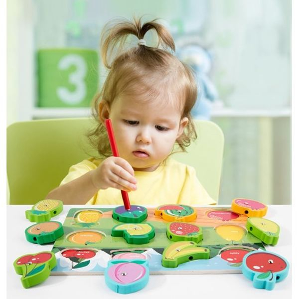 Joc 4 în 1 din lemn FRUCTE - puzzle 3D, joc de pescuit, jucărie de înșiruit si tabla de scris [2]