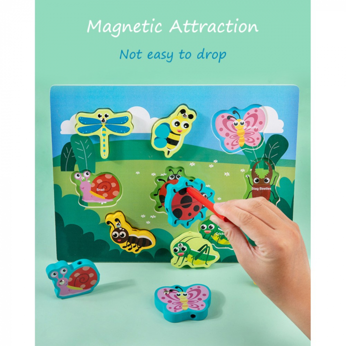 Joc 4 în 1 din lemn INSECTE - puzzle 3D, joc de pescuit, jucărie de înșiruit si tabla de scris [3]