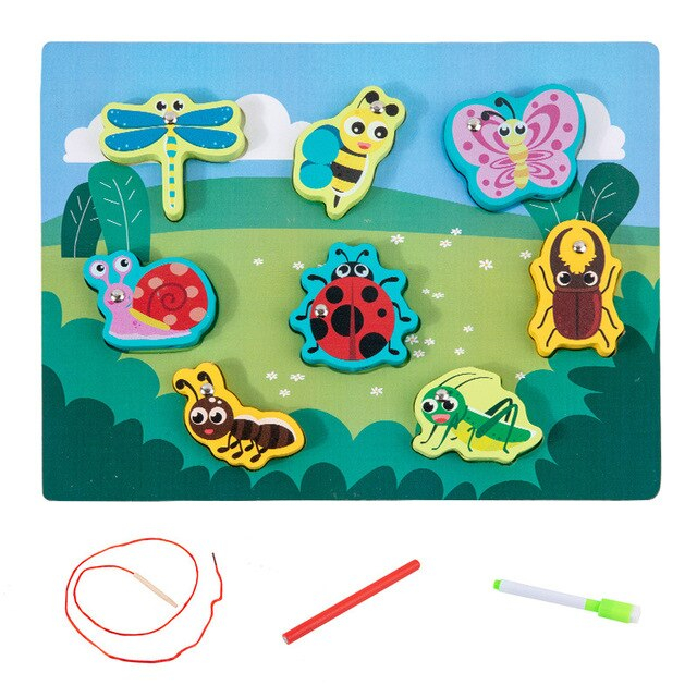Joc 4 în 1 din lemn INSECTE - puzzle 3D, joc de pescuit, jucărie de înșiruit si tabla de scris [2]