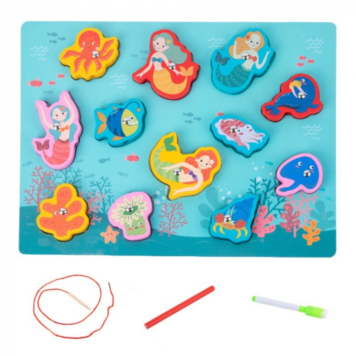 Joc 4 în 1 din lemn VIETATI MARINE SI SIRENE - puzzle 3D, joc de pescuit, jucărie de înșiruit si tabla de scris [2]